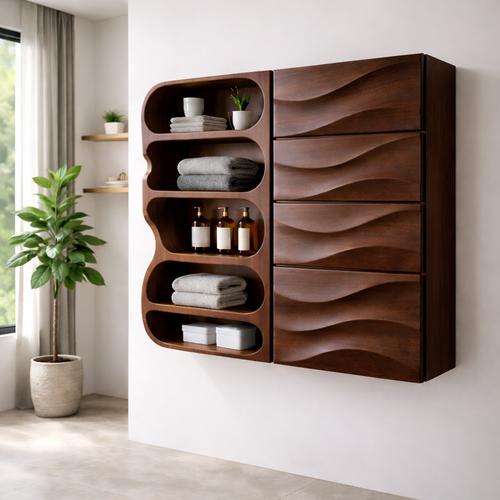 Solid Wood Floating Bathroom Cabinet with Wave Drawers & Open Shelves