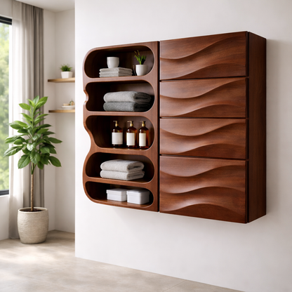 Solid Wood Floating Bathroom Cabinet with Wave Drawers & Open Shelves
