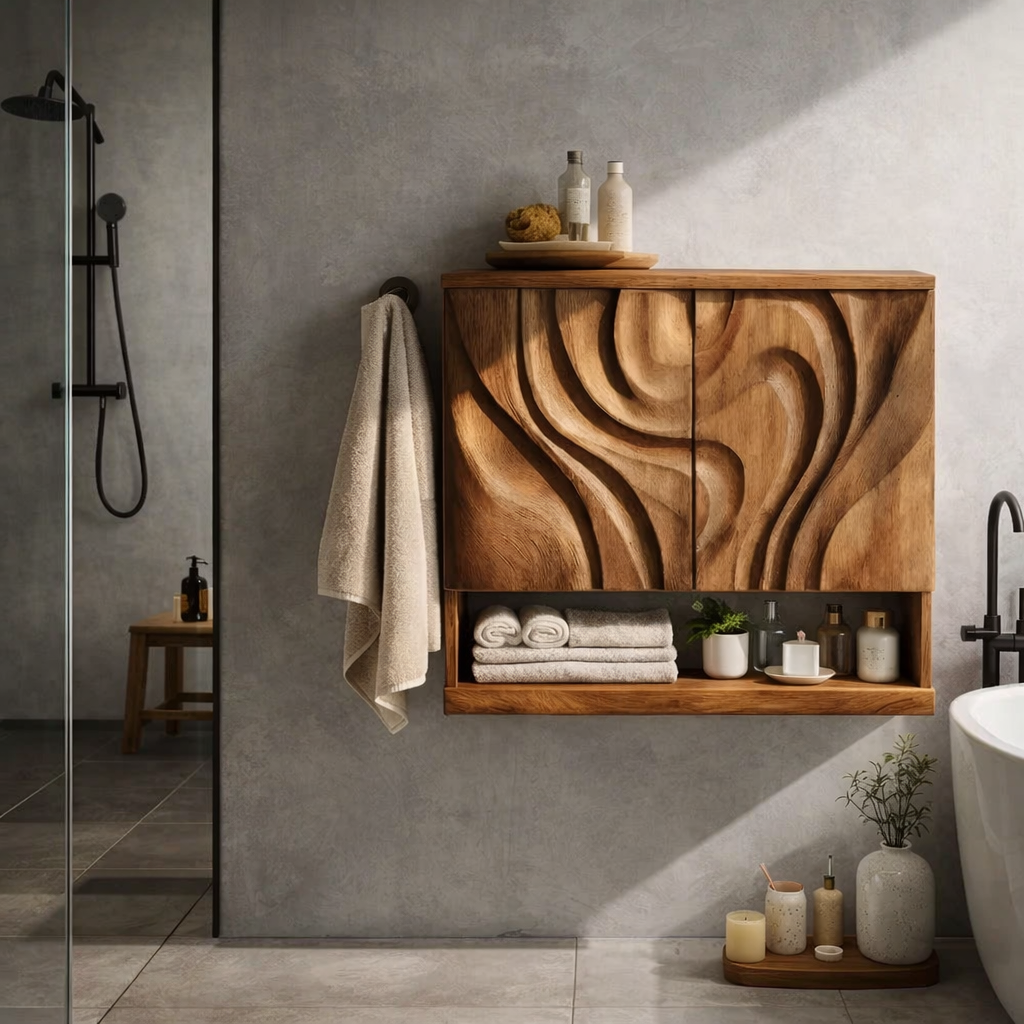 Solid Wood Floating Bathroom Vanity Cabinet with Sculptural Wave Doors