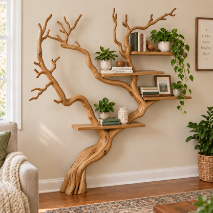 Handcrafted Solid Wood Tree Bookshelf with Flowing Branch Design