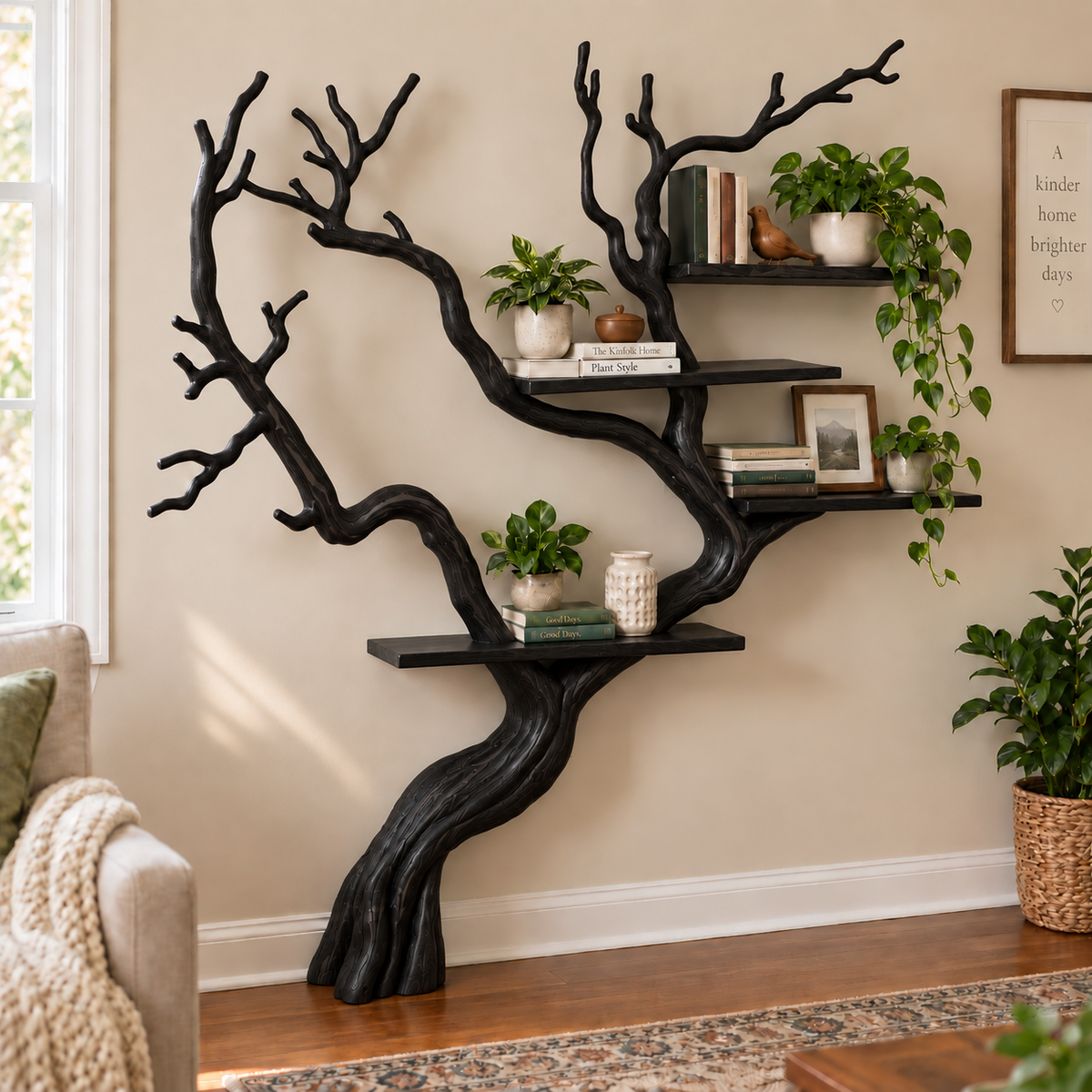 Handcrafted Solid Wood Tree Bookshelf with Flowing Branch Design