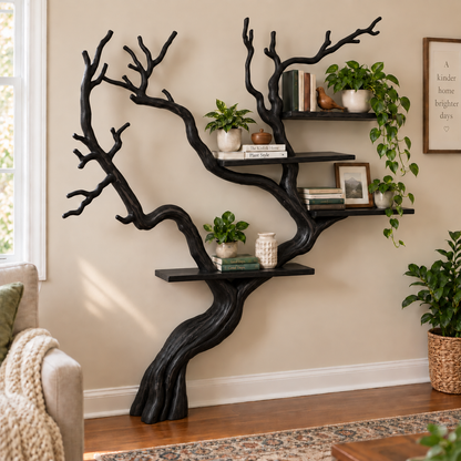 Handcrafted Solid Wood Tree Bookshelf with Flowing Branch Design