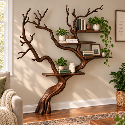 Handcrafted Solid Wood Tree Bookshelf with Flowing Branch Design