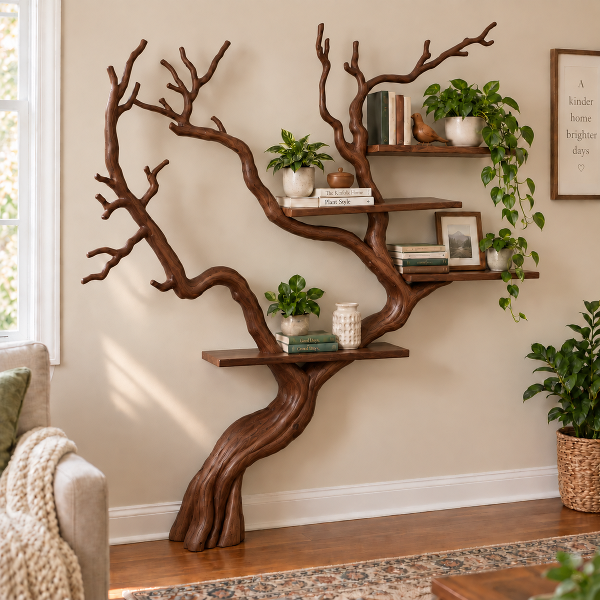 Handcrafted Solid Wood Tree Bookshelf with Flowing Branch Design