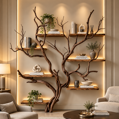 Handcrafted Solid Wood Tree Bookshelf with Elegant Branch Shelves