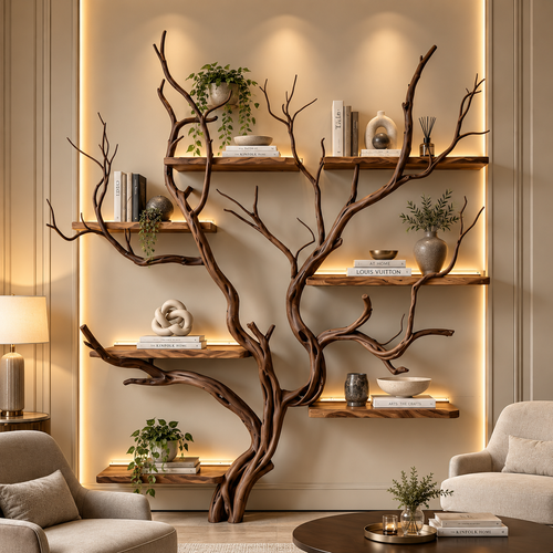 Handcrafted Solid Wood Tree Bookshelf with Elegant Branch Shelves