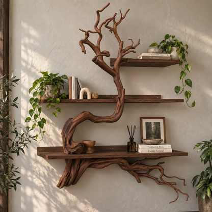 Sculptural Solid Wood Tree Branch Wall Shelf