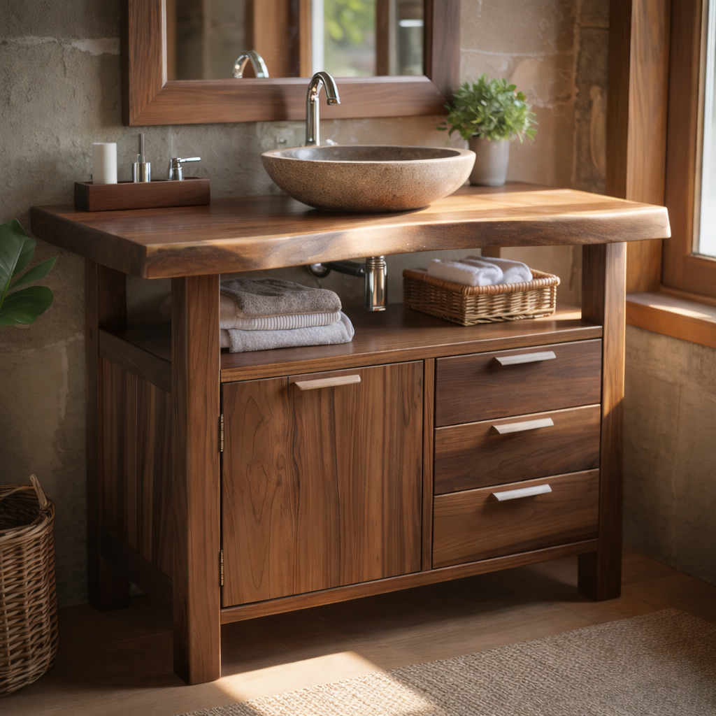Solid Wood Bathroom Vanity with Cabinet Door, Three Drawers and Open Shelf for Rustic Modern Bathrooms