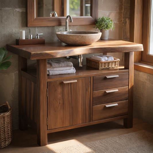 Solid Wood Bathroom Vanity with Cabinet Door, Three Drawers and Open Shelf for Rustic Modern Bathrooms