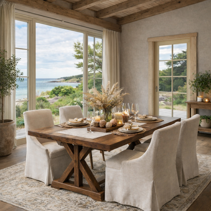 Coastal Rustic Solid Wood Dining Table with X-Base