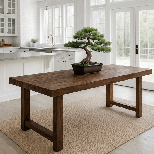 Rustic Solid Wood Dining Table with Classic Trestle Base