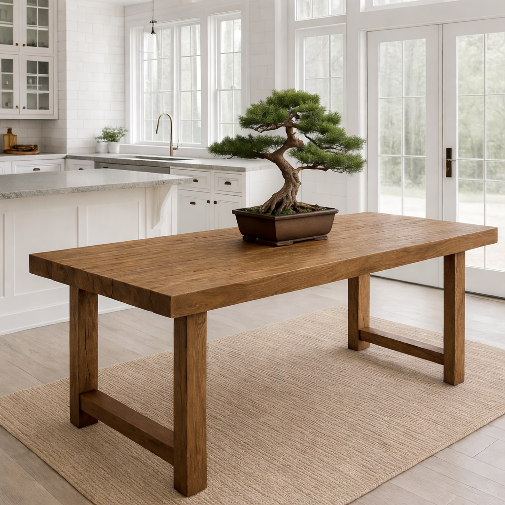 Rustic Solid Wood Dining Table with Classic Trestle Base