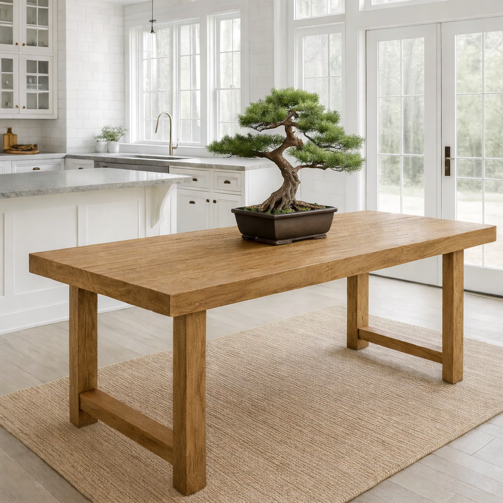 Rustic Solid Wood Dining Table with Classic Trestle Base