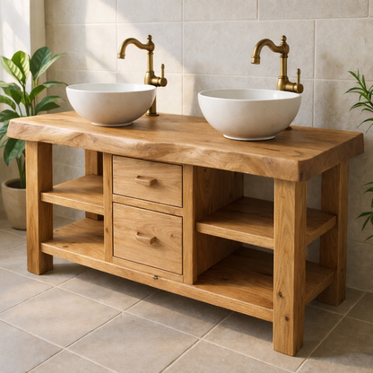 Solid Wood Double Bathroom Vanity with Open Shelving and Center Drawers