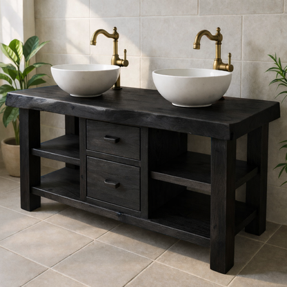 Solid Wood Double Bathroom Vanity with Open Shelving and Center Drawers