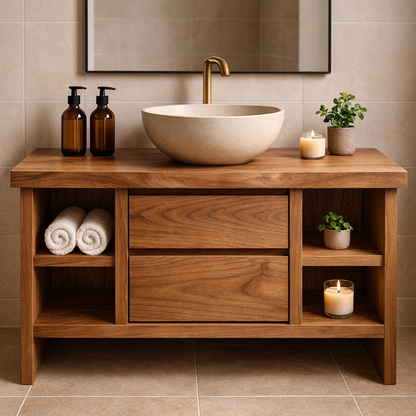 Solid Wood Bathroom Vanity with Open Shelving and Double Drawers