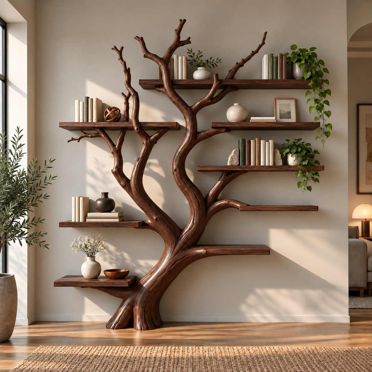 Handcrafted Sculptural Solid Wood Tree Bookshelf