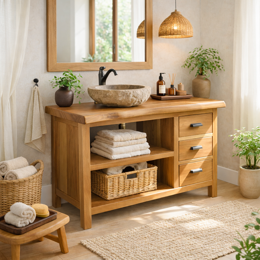 Solid Wood Bathroom Vanity with Three Drawers and Double Open Shelves for Modern Rustic Bathrooms