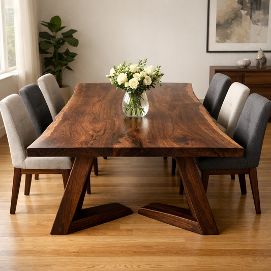 Solid Walnut Live Edge Dining Table with Sculptural Angled Base