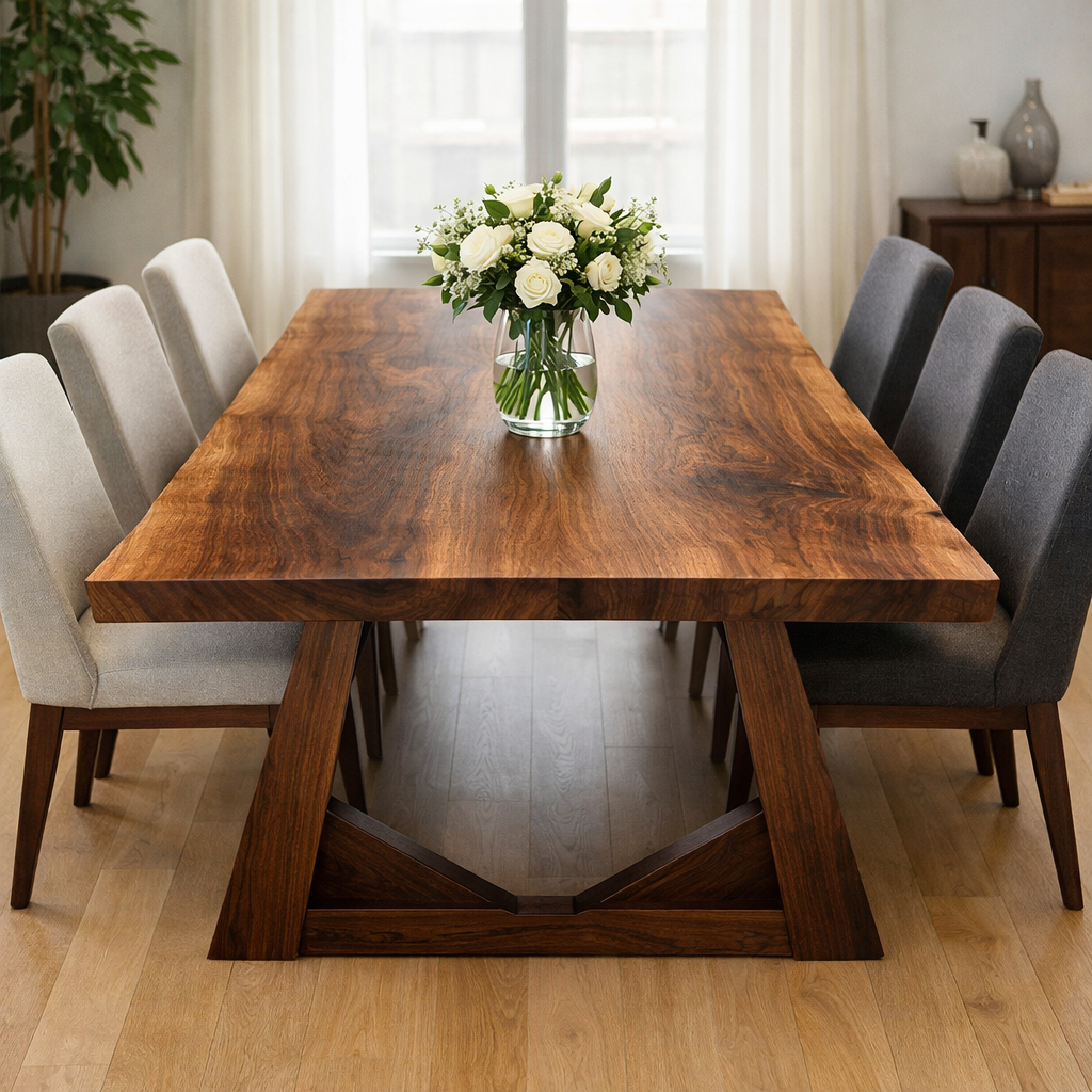 Solid Oak Dining Table with Trestle Base – Natural Wood Farmhouse Table