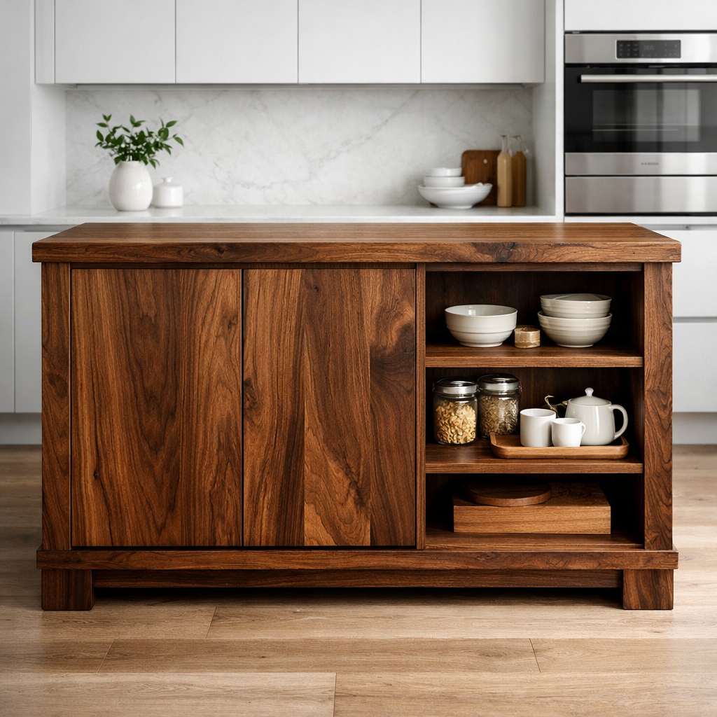 Solid Wood Kitchen Island with Doors & Open Shelf Storage