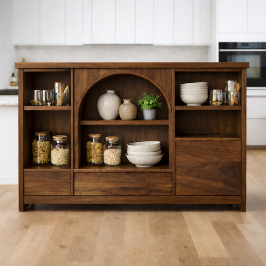 Solid Walnut Kitchen Island with Arched Center Shelf & Open Storage