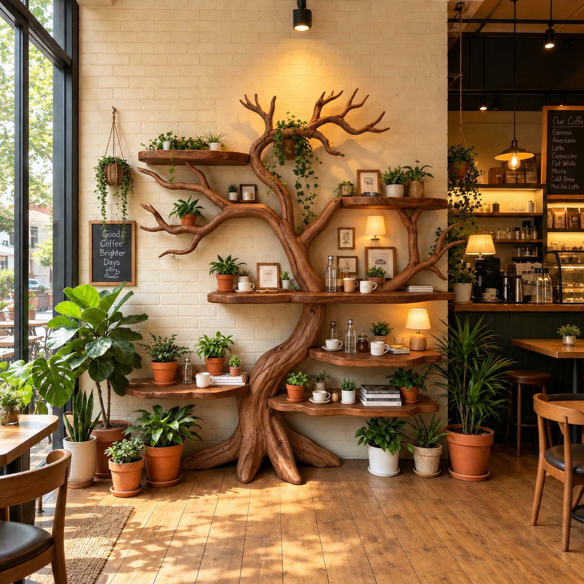 Handcrafted Solid Wood Tree Bookshelf with Natural Branch Shelves