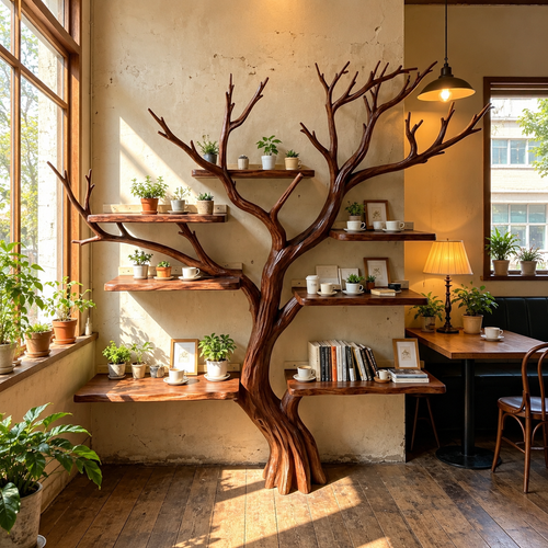 Handcrafted Solid Wood Tree Bookshelf with Spreading Branch Shelves