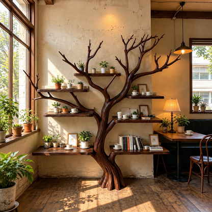 Handcrafted Solid Wood Tree Bookshelf with Spreading Branch Shelves