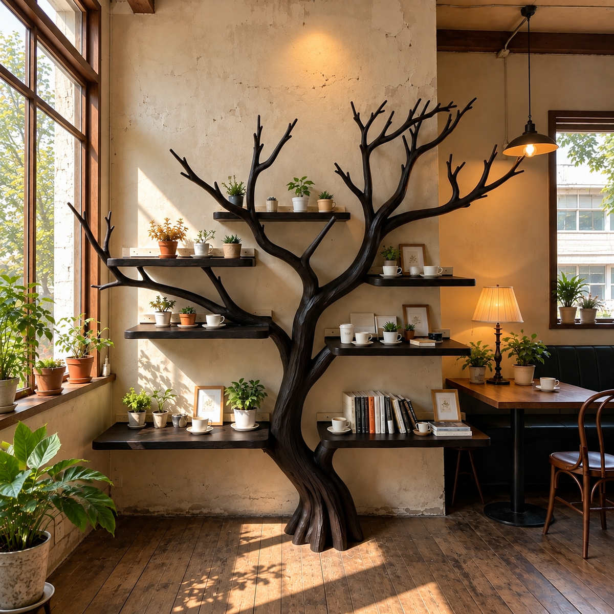 Handcrafted Solid Wood Tree Bookshelf with Spreading Branch Shelves