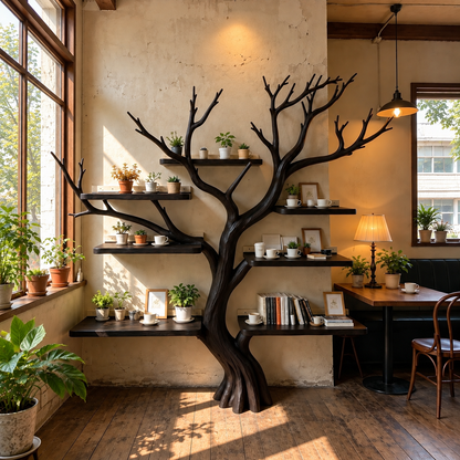 Handcrafted Solid Wood Tree Bookshelf with Spreading Branch Shelves