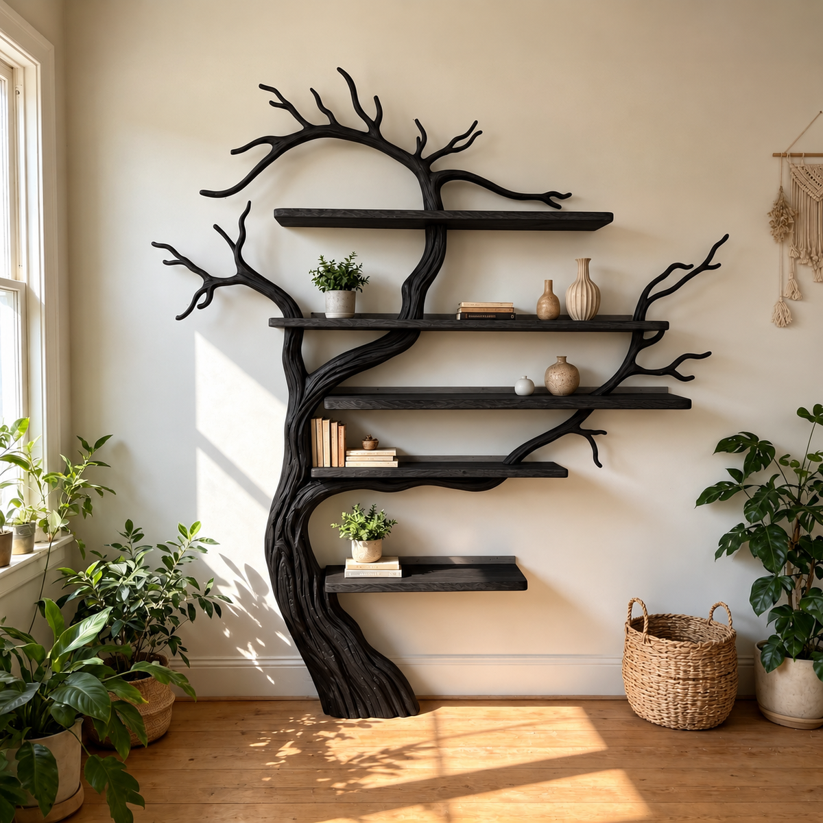 Sculptural Solid Wood Tree Bookshelf with Floating Shelves