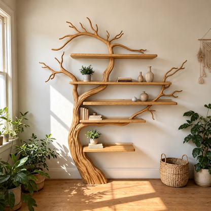 Sculptural Solid Wood Tree Bookshelf with Floating Shelves