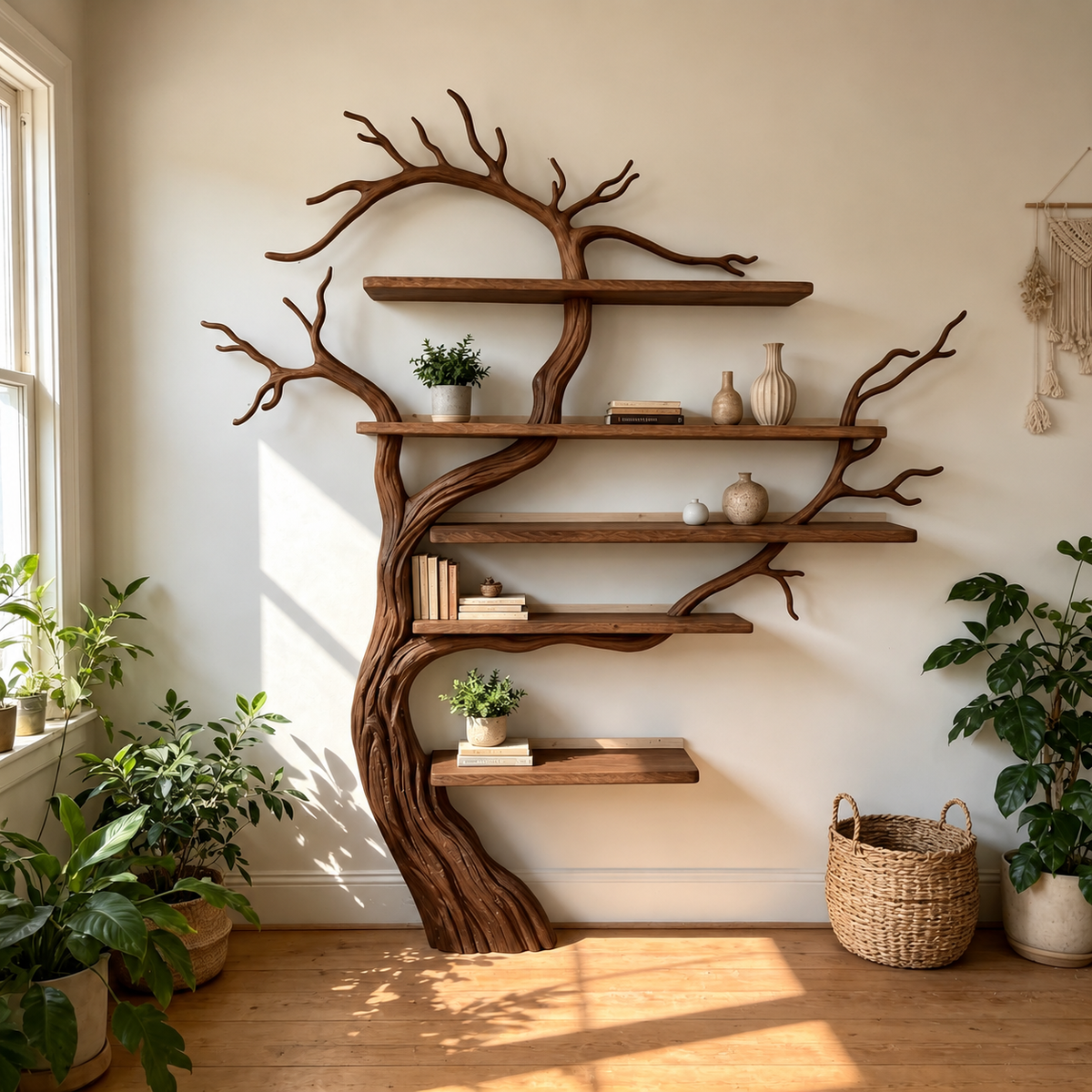Sculptural Solid Wood Tree Bookshelf with Floating Shelves