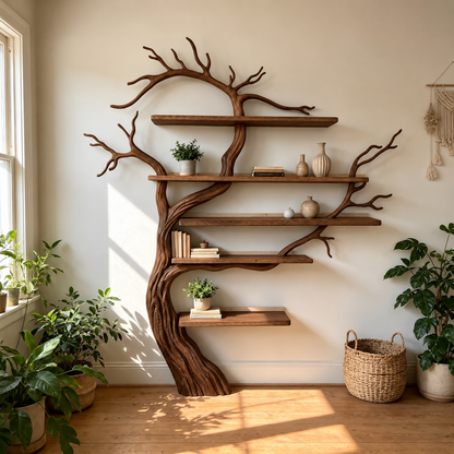Sculptural Solid Wood Tree Bookshelf with Floating Shelves