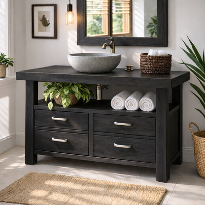 Solid Wood Bathroom Vanity with Four Drawers and Open Shelf for Transitional and Modern Bathrooms