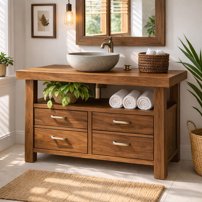 Solid Wood Bathroom Vanity with Four Drawers and Open Shelf for Transitional and Modern Bathrooms