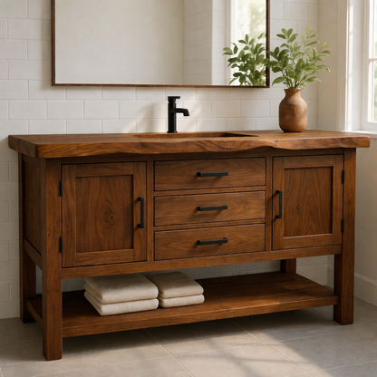 Solid Wood Bathroom Vanity with 3 Drawers, Double Door Cabinet, and Open Bottom Shelf