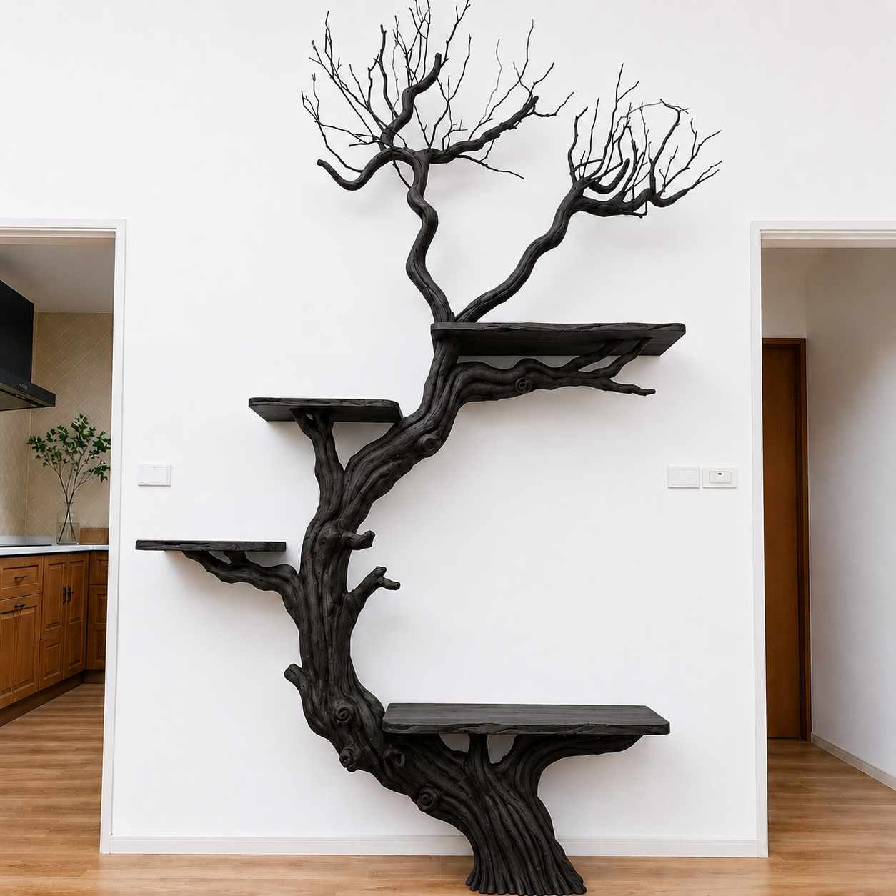 Handcrafted Solid Wood Tree Wall Shelf with Twisted Branch Design