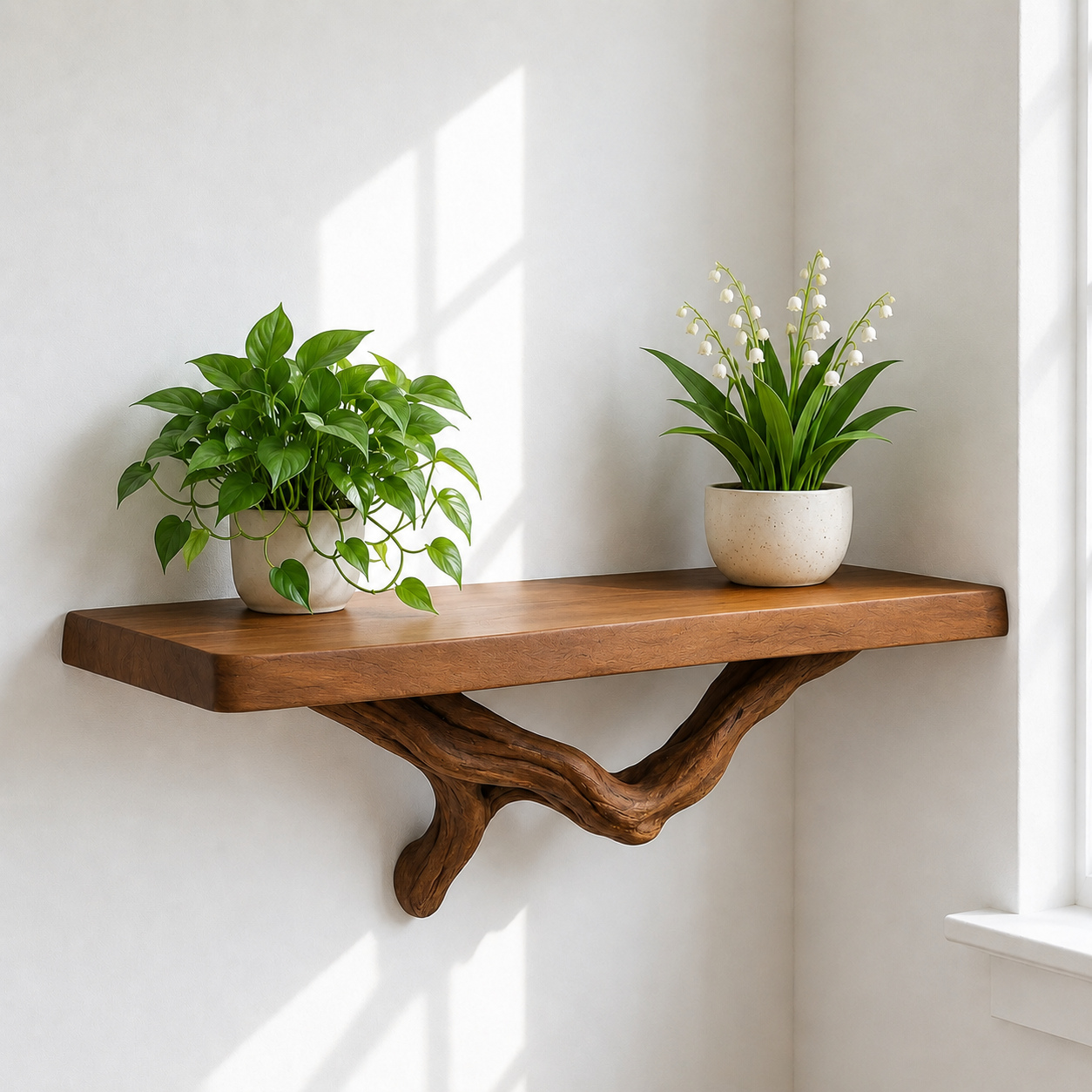 Handcrafted Solid Wood Live Edge Floating Shelf with Sculptural Wood Bracket