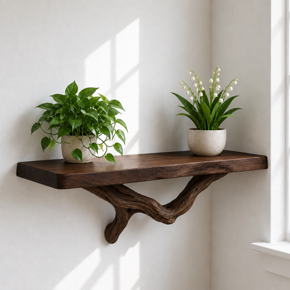 Handcrafted Solid Wood Live Edge Floating Shelf with Sculptural Wood Bracket