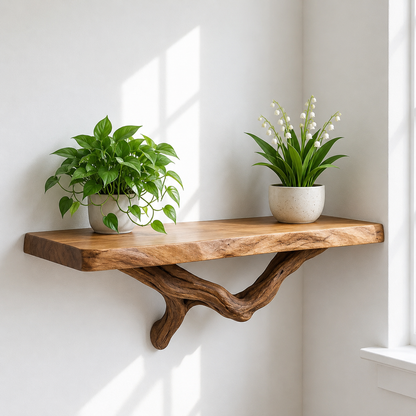 Handcrafted Solid Wood Live Edge Floating Shelf with Sculptural Wood Bracket