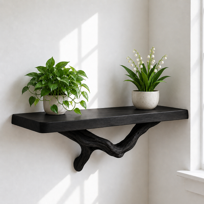 Handcrafted Solid Wood Live Edge Floating Shelf with Sculptural Wood Bracket