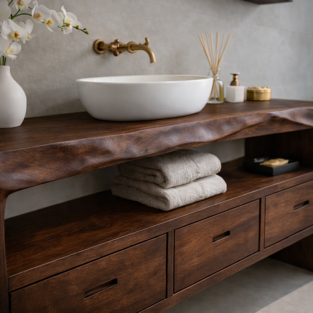 Solid Wood Bathroom Vanity with Open Shelf & Drawers – Rustic Modern Design