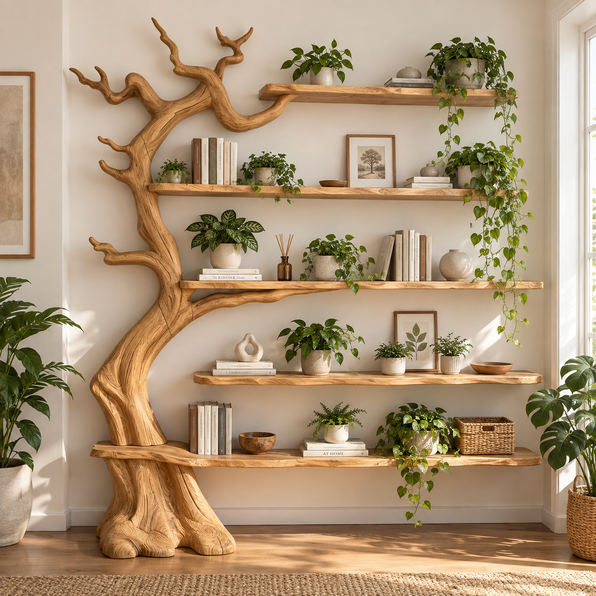 Handcrafted Solid Wood Tree Bookshelf with Floating Shelves