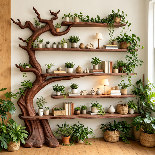 Handcrafted Solid Wood Tree Bookshelf with Floating Shelves