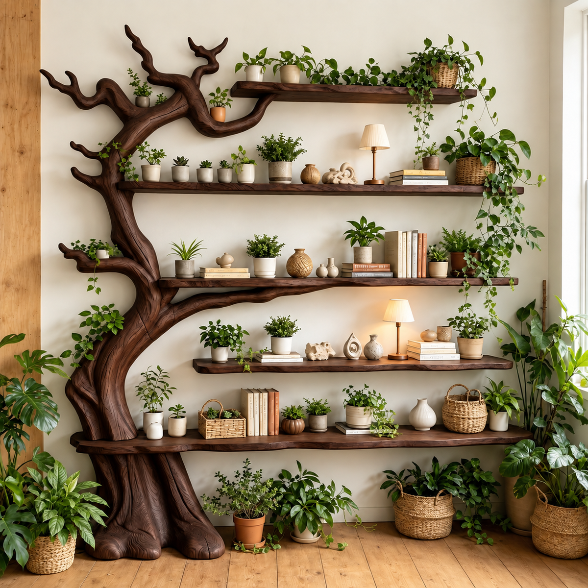 Handcrafted Solid Wood Tree Bookshelf with Floating Shelves