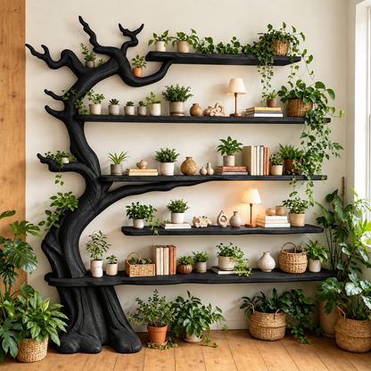 Handcrafted Solid Wood Tree Bookshelf with Floating Shelves