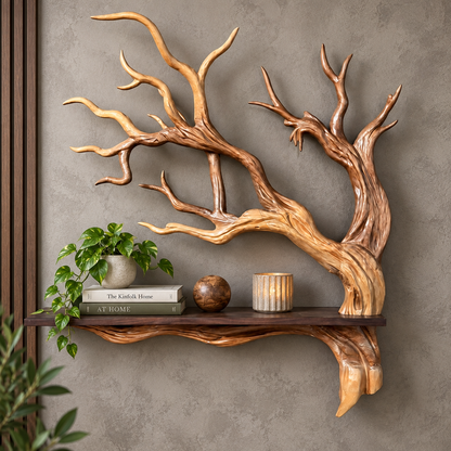 Sculptural Solid Wood Branch Wall Shelf