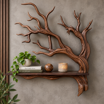Sculptural Solid Wood Branch Wall Shelf